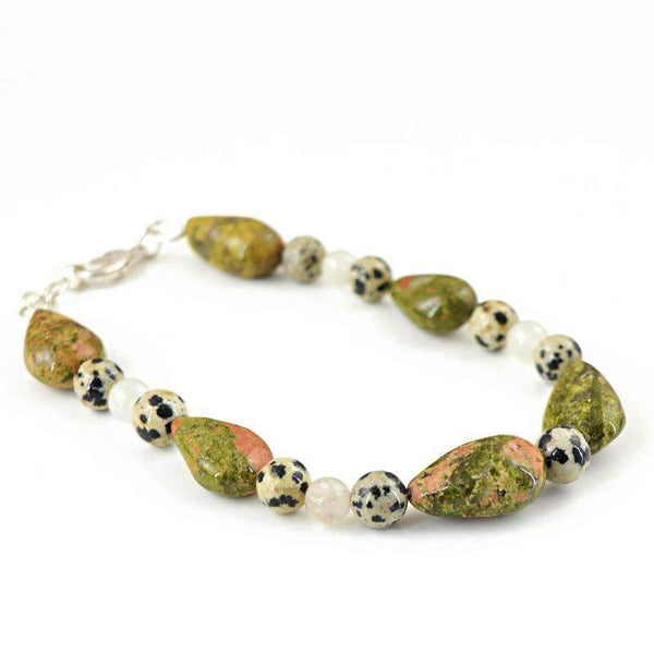 gemsmore:Blood Green Unakite & Dalmatian Jasper Bracelet - Natural Untreated Beads