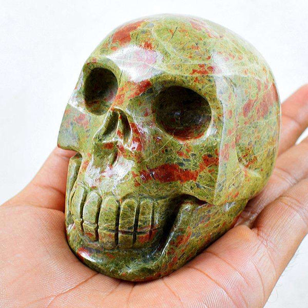 gemsmore:Blood Green Unakite Hand Carved Human Skull