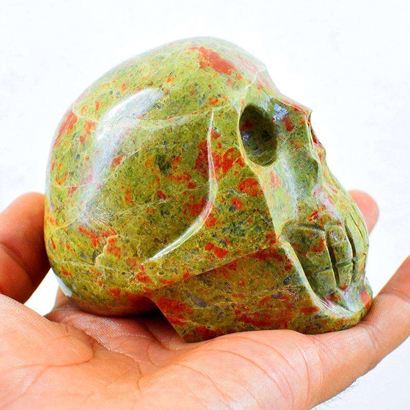 gemsmore:Blood Green Unakite Hand Carved Human Skull