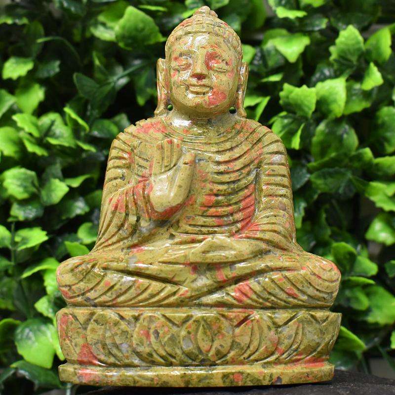 gemsmore:Blood Green Unakite Hand Carved Lord Buddha Idol