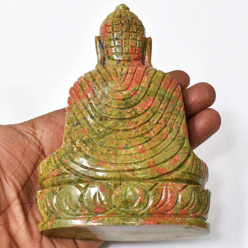 gemsmore:Blood Green Unakite Hand Carved Lord Buddha Idol