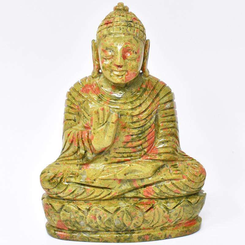 gemsmore:Blood Green Unakite Hand Carved Lord Buddha Idol