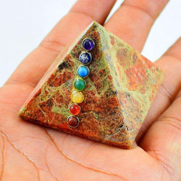 gemsmore:Blood Green Unakite Seven Chakra Carved Healing Pyramid