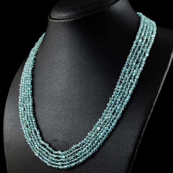 gemsmore:Blue Aquamarine Necklace Natural 5 Strand Round Shape Beads