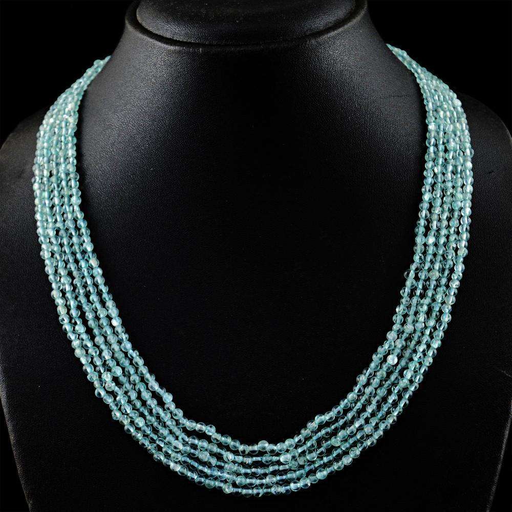 gemsmore:Blue Aquamarine Necklace Natural 5 Strand Round Shape Beads