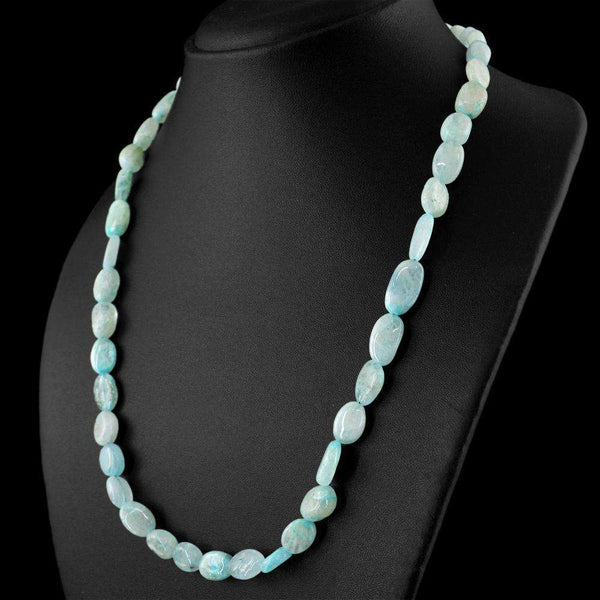 gemsmore:Blue Aquamarine Necklace Natural Single Strand Oval Shape Beads