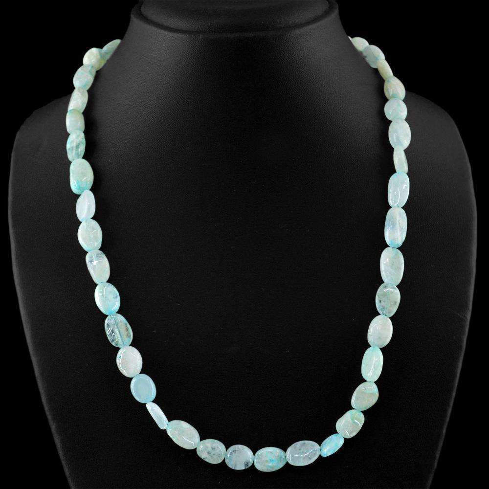 gemsmore:Blue Aquamarine Necklace Natural Single Strand Oval Shape Beads