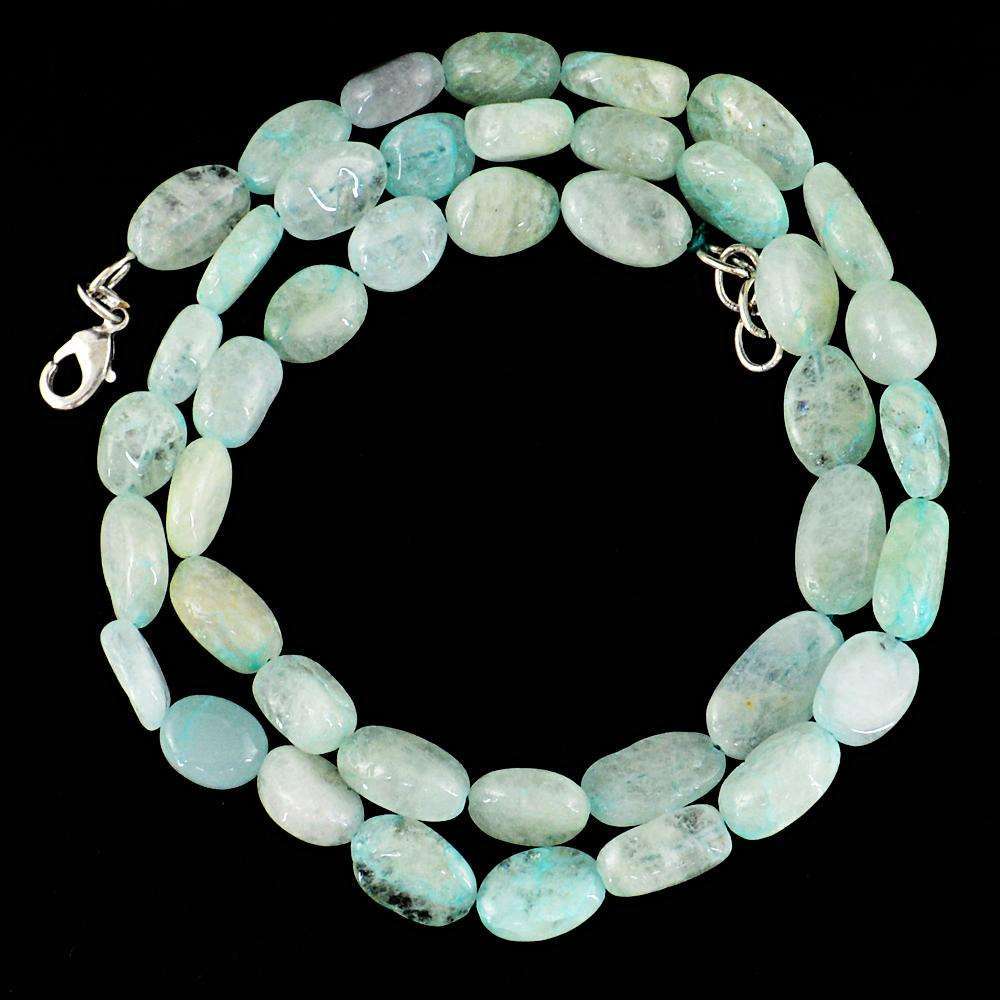 gemsmore:Blue Aquamarine Necklace Natural Single Strand Oval Shape Beads