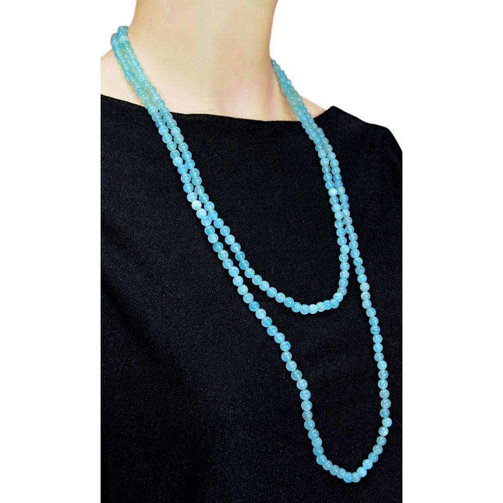 gemsmore:Blue Aquamarine Necklace Natural Single Strand Round Shape Beads