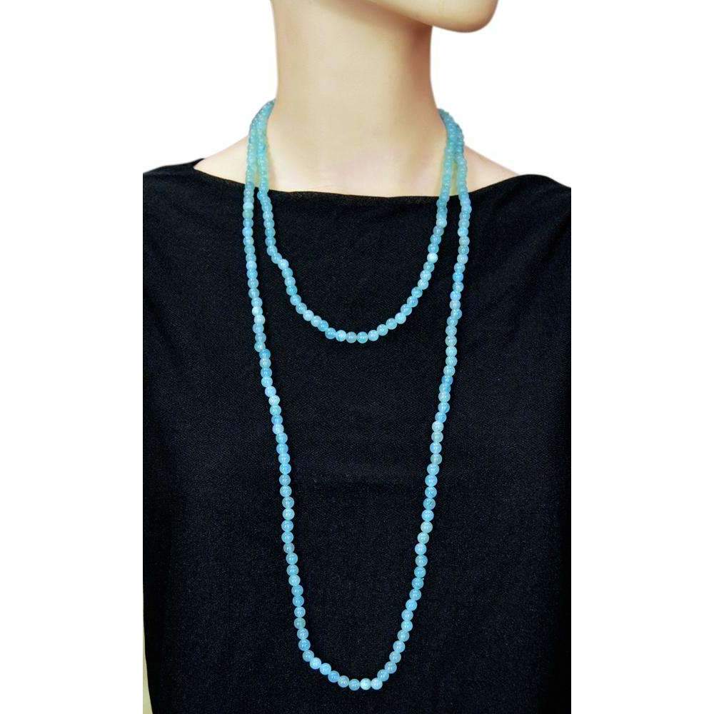 gemsmore:Blue Aquamarine Necklace Natural Single Strand Round Shape Beads