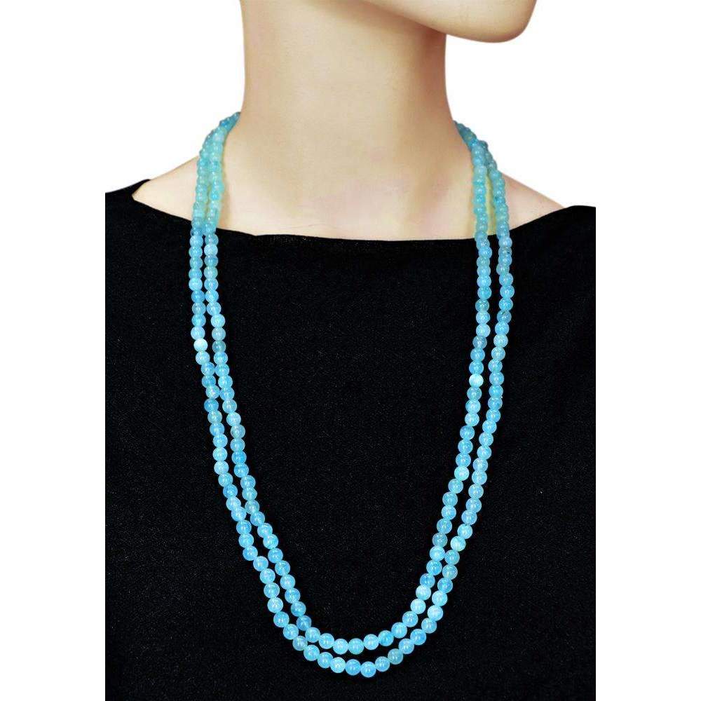 gemsmore:Blue Aquamarine Necklace Natural Single Strand Round Shape Beads