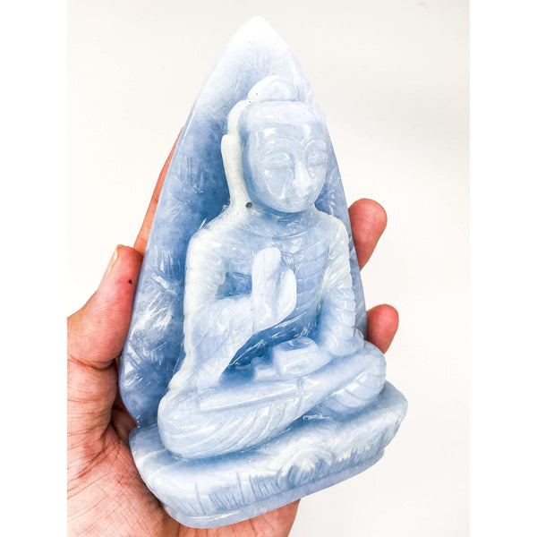 gemsmore:Blue calcite palm leaf carved Buddha