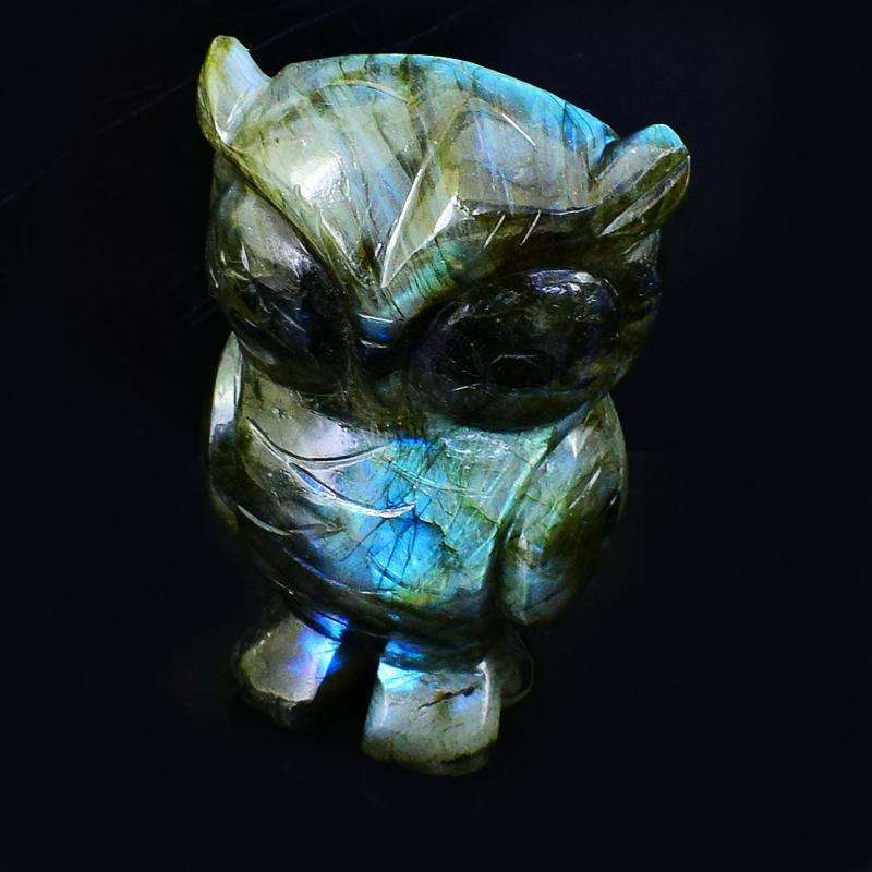 gemsmore:Blue Flash Labardorite Hand Carved Owl