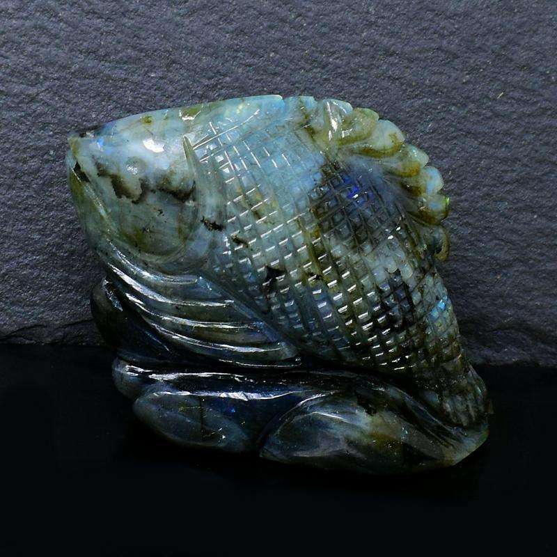 gemsmore:Blue Flash Labradorite Artisian Hand Carved Fish On Rock