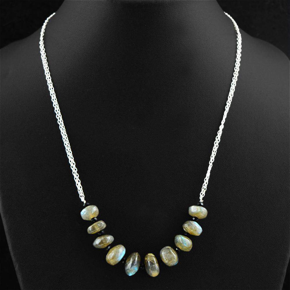 gemsmore:Blue Flash Labradorite & Black Spinel Necklace Natural Round Shape Beads