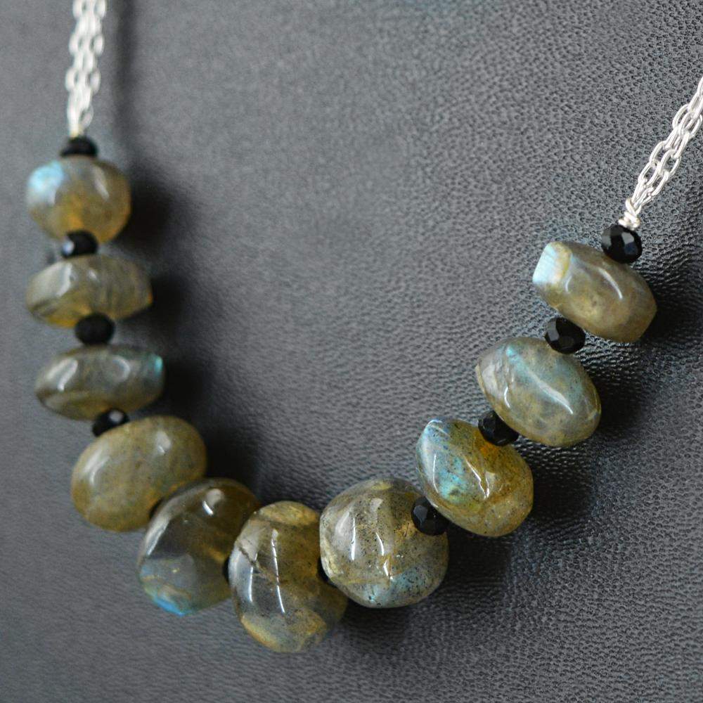 gemsmore:Blue Flash Labradorite & Black Spinel Necklace Natural Round Shape Beads