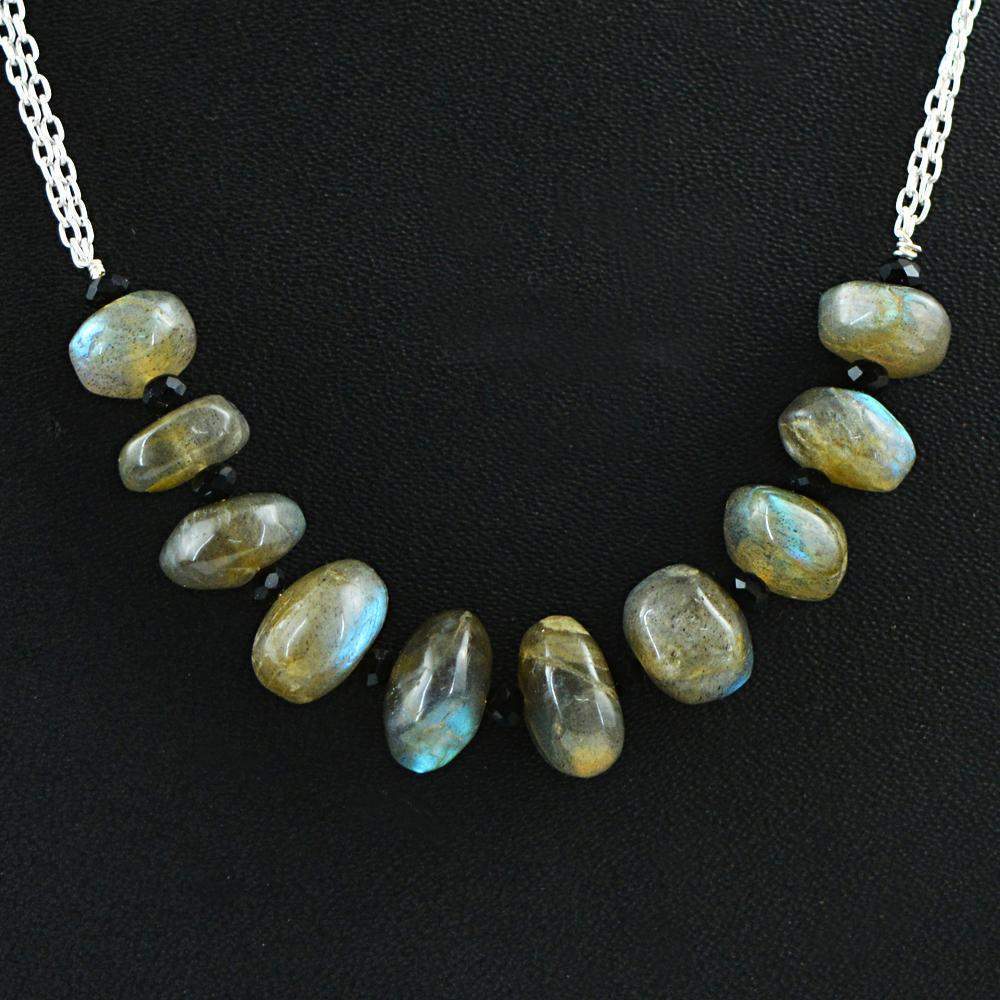 gemsmore:Blue Flash Labradorite & Black Spinel Necklace Natural Round Shape Beads