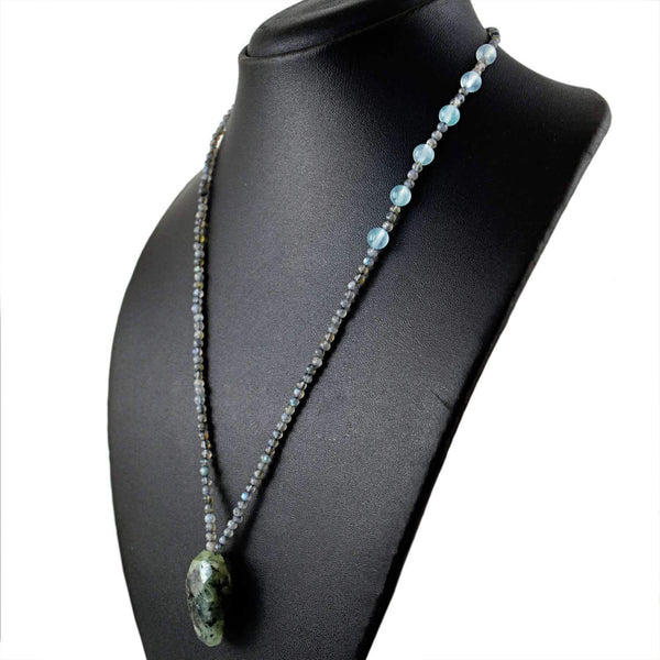 gemsmore:Blue Flash Labradorite & Blue Aquamarine Necklace Natural Round Beads