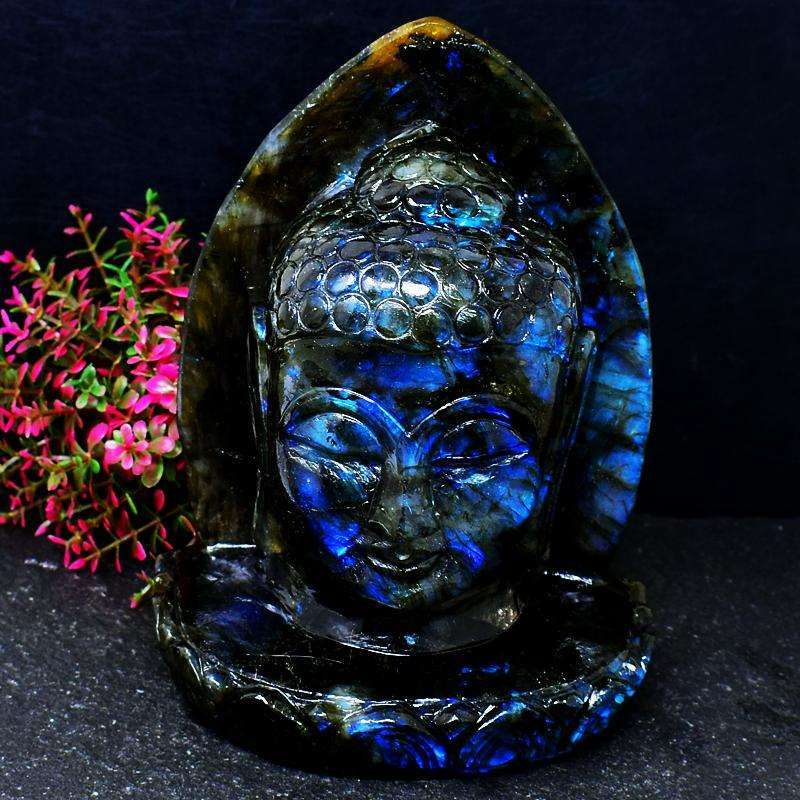 gemsmore:Blue Flash Labradorite Carved Buddha Head With Leaf