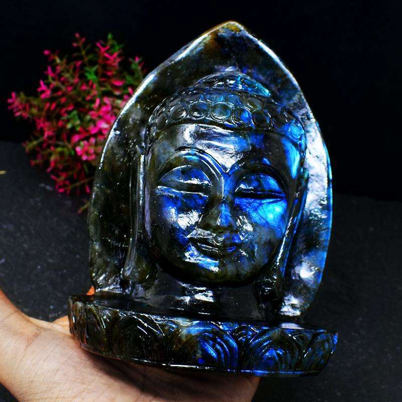 gemsmore:Blue Flash Labradorite Carved Buddha Head With Leaf