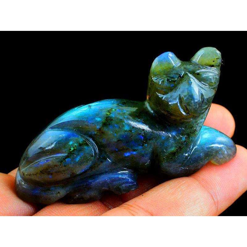 gemsmore:Blue Flash Labradorite Carved Cat Gemstone