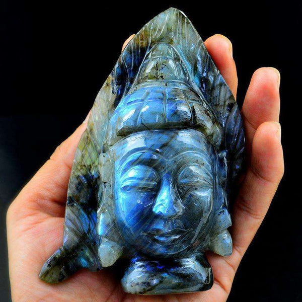 gemsmore:Blue Flash Labradorite Carved Lord Buddha Double Head