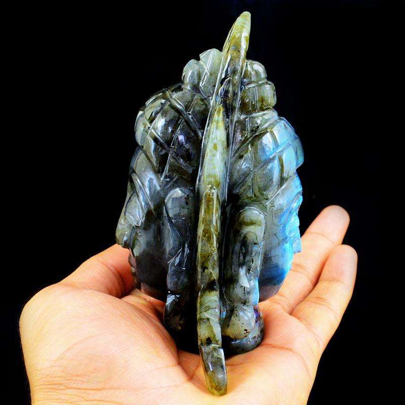 gemsmore:Blue Flash Labradorite Carved Lord Buddha Double Head