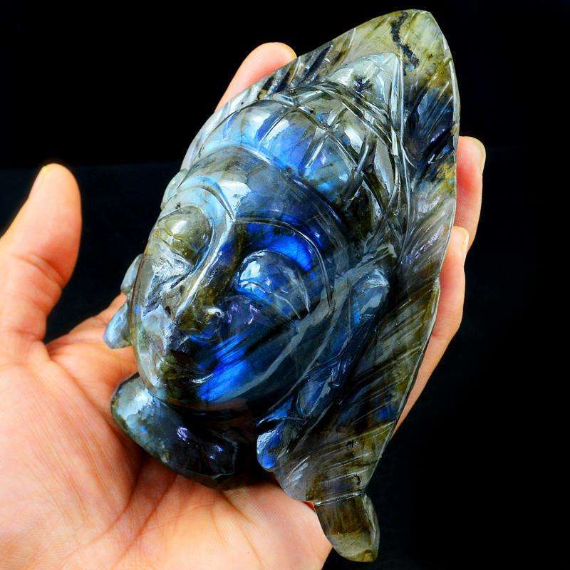 gemsmore:Blue Flash Labradorite Carved Lord Buddha Double Head