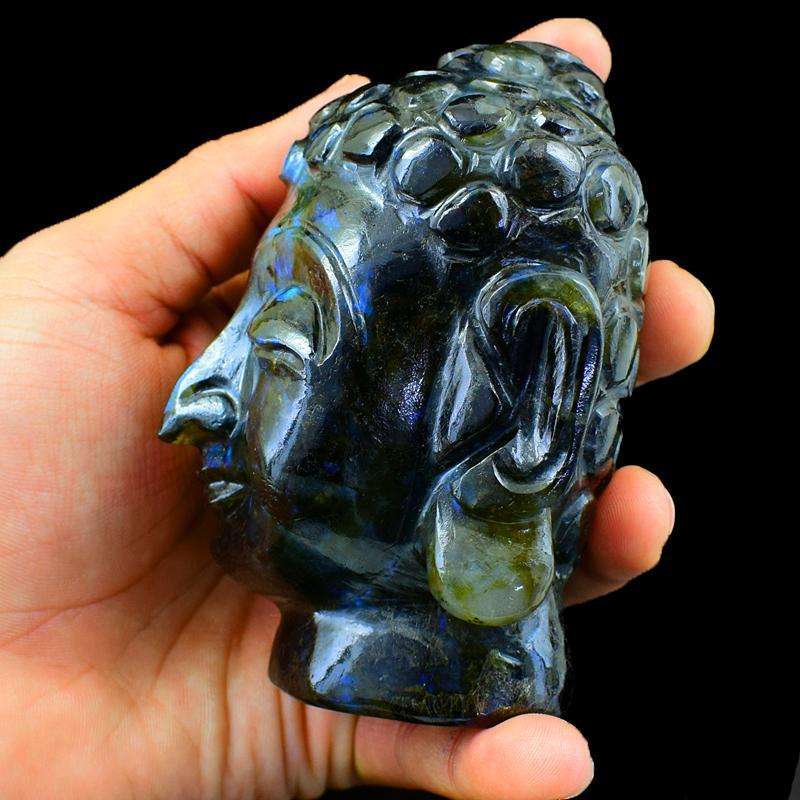 gemsmore:Blue Flash Labradorite Carved Lord Buddha Head Idol