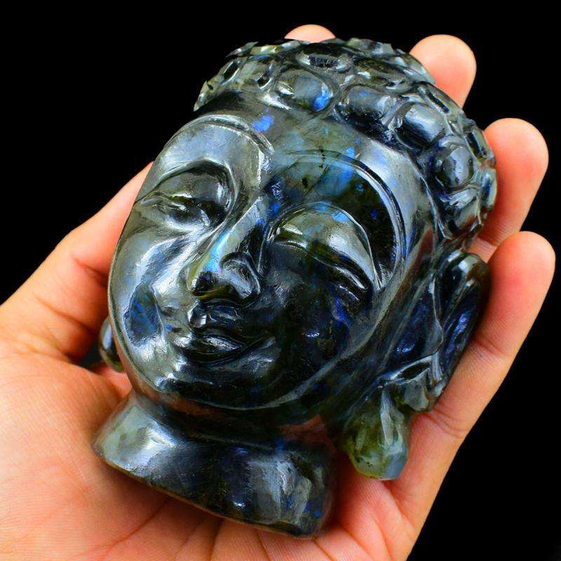 gemsmore:Blue Flash Labradorite Carved Lord Buddha Head Idol