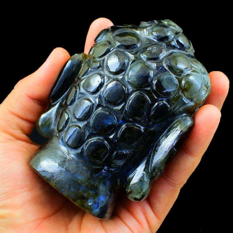 gemsmore:Blue Flash Labradorite Carved Lord Buddha Head Idol