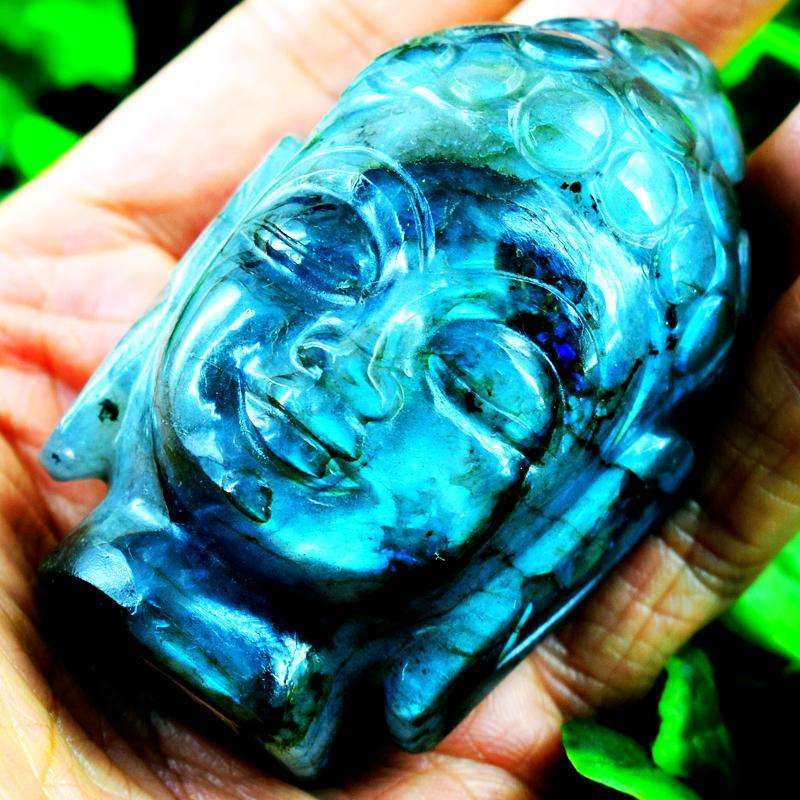 gemsmore:Blue Flash Labradorite Carved Lord Buddha Head Idol