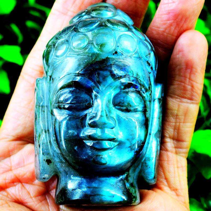 gemsmore:Blue Flash Labradorite Carved Lord Buddha Head Idol