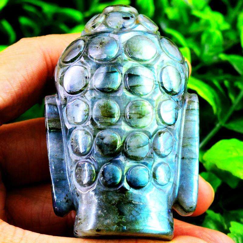 gemsmore:Blue Flash Labradorite Carved Lord Buddha Head Idol