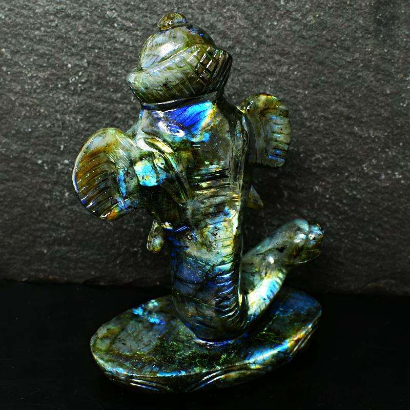 gemsmore:Blue Flash Labradorite Carved Lord Ganesha Head