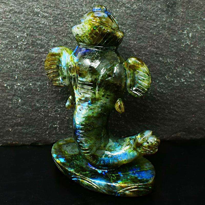 gemsmore:Blue Flash Labradorite Carved Lord Ganesha Head