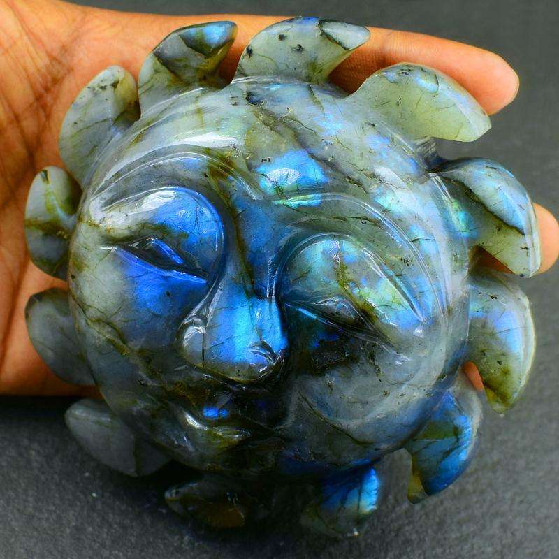 gemsmore:Blue Flash Labradorite Carved Sun Face