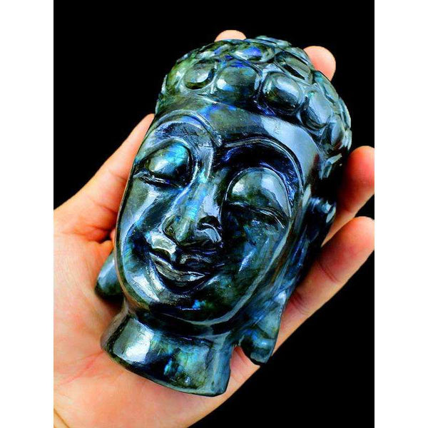 gemsmore:Blue Flash Labradorite Gemstone Carved Lord Buddha Head Idol Statute