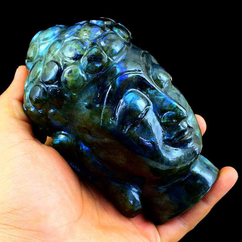 gemsmore:Blue Flash Labradorite Gemstone Carved Lord Buddha Head Idol Statute