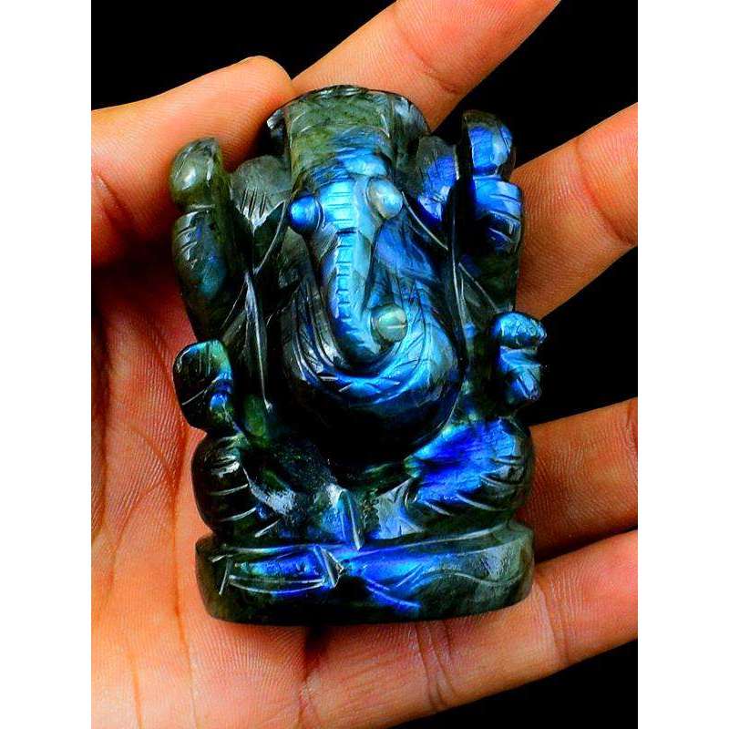 gemsmore:Blue Flash Labradorite Gemstone Carved Lord Ganesha Idol Statute