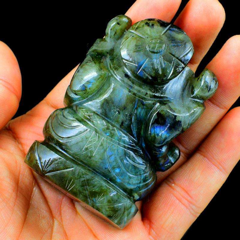 gemsmore:Blue Flash Labradorite Gemstone Carved Lord Ganesha Idol Statute