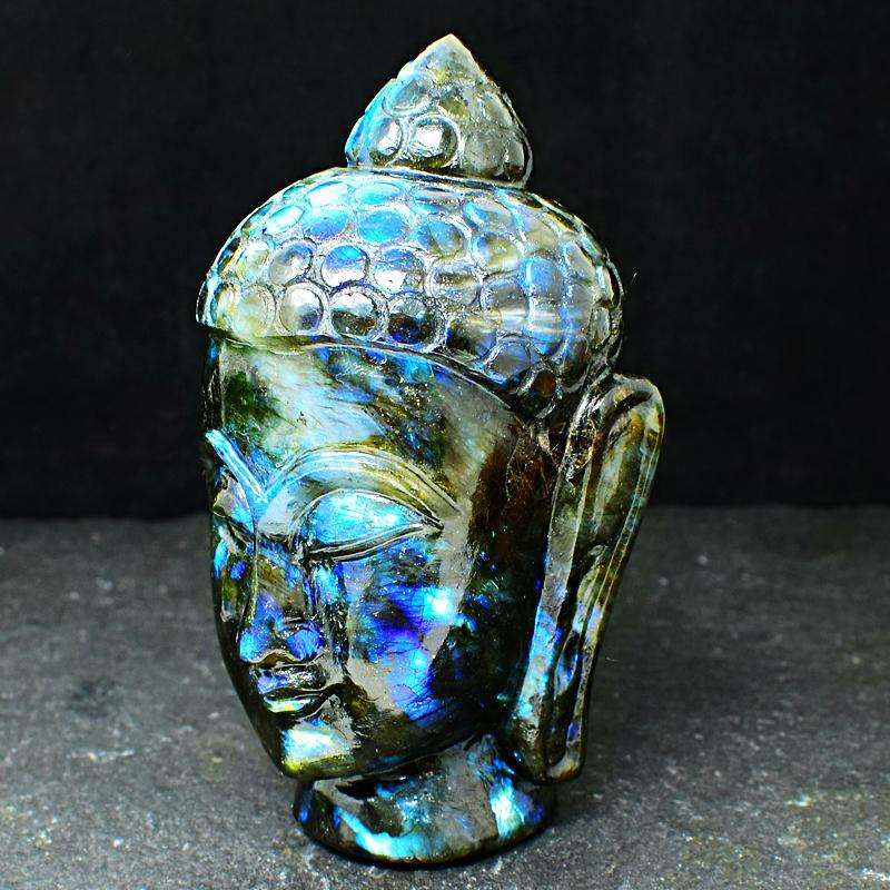 gemsmore:Blue Flash Labradorite Hand Carved Buddha Head