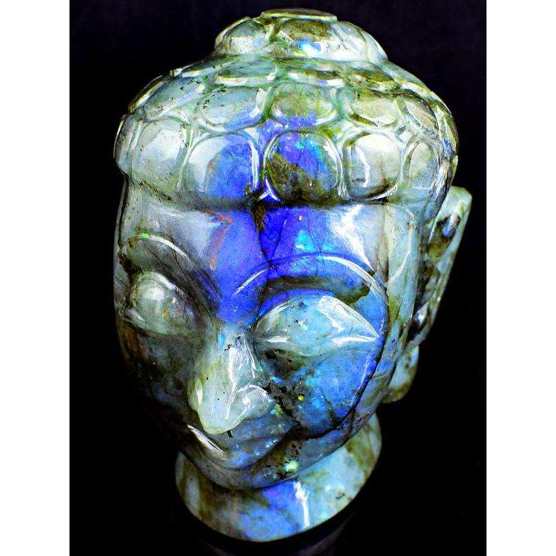 gemsmore:Blue Flash Labradorite Hand Carved Buddha Head