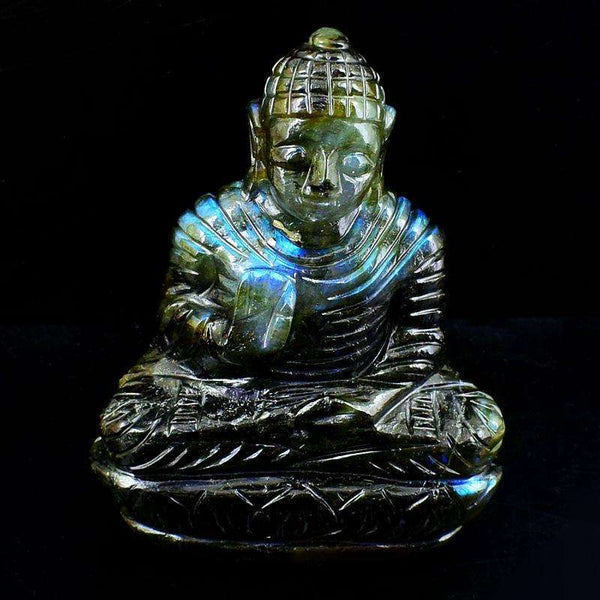 gemsmore:Blue Flash Labradorite Hand Carved Buddha Peace Idol