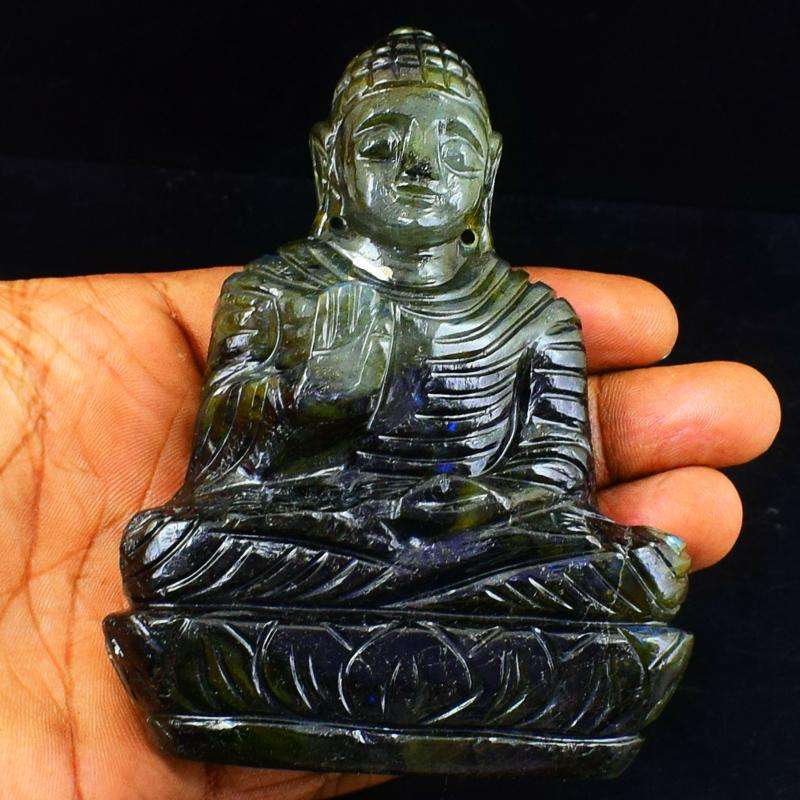 gemsmore:Blue Flash Labradorite Hand Carved Buddha Peace Idol
