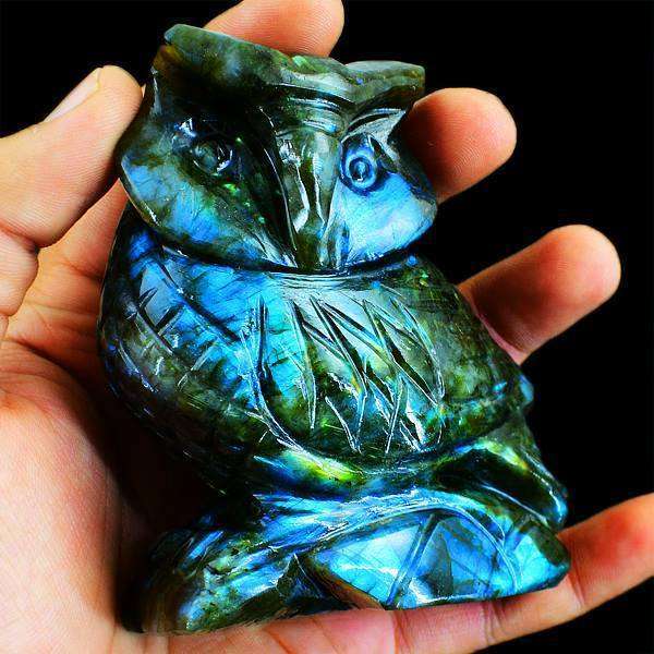 gemsmore:Blue Flash Labradorite Hand Carved Gemstone Owl