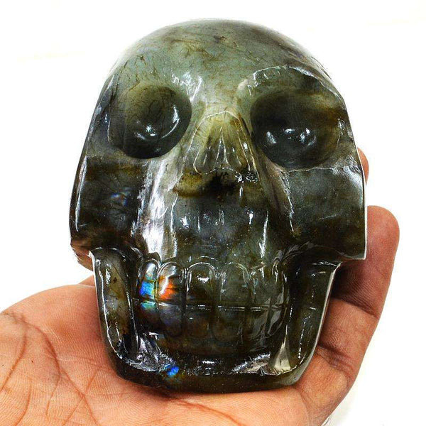 gemsmore:Blue Flash Labradorite Hand Carved Gemstone Skull
