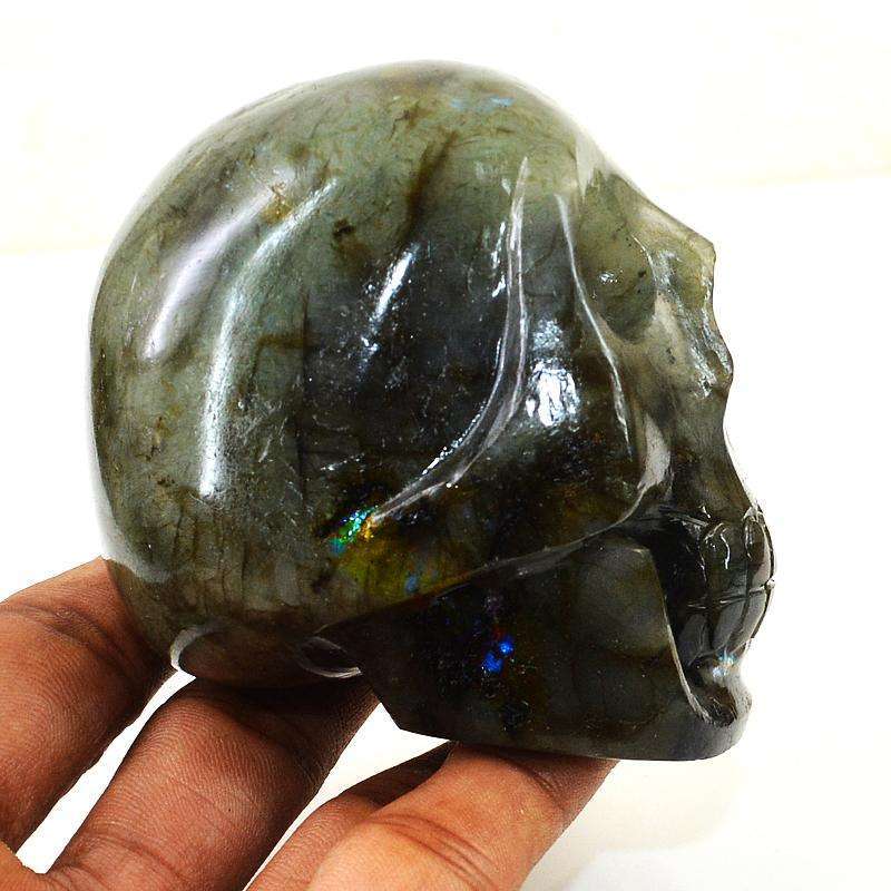 gemsmore:Blue Flash Labradorite Hand Carved Gemstone Skull