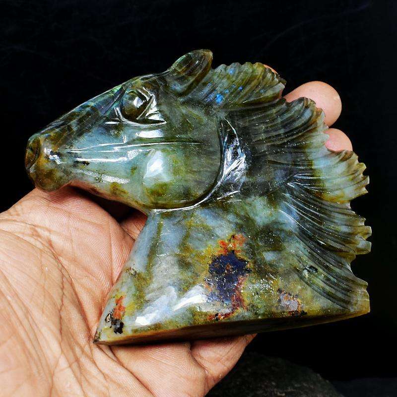 gemsmore:Blue Flash Labradorite Hand Carved Horse Head