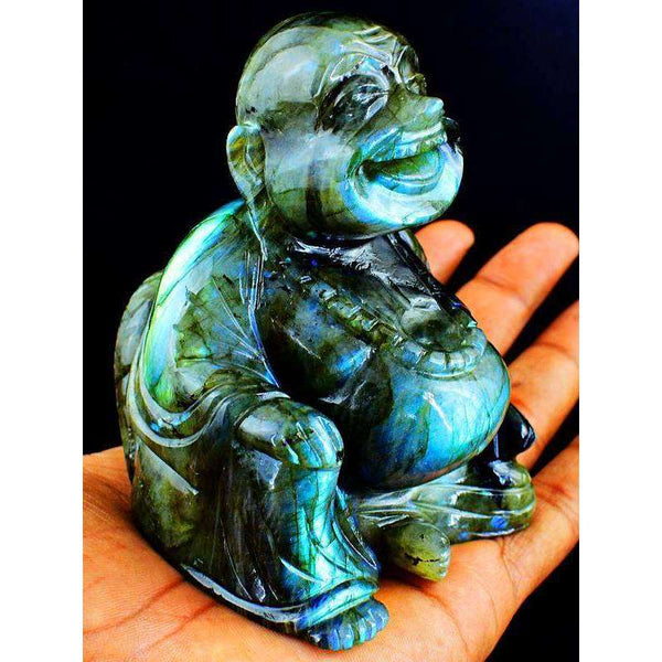 gemsmore:Blue Flash Labradorite Hand Carved Laughing Buddha Idol